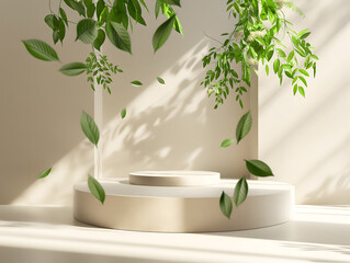 Serene Sunlit Space with Cascading Leaves and Elegant Tableware