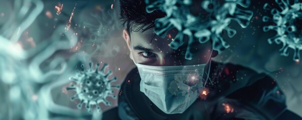 Young man wearing protection mask, dangerous virus flying around him. Period of infectious seasonal viral diseases, global coronavirus pandemic. Virus outbreak prevention and healthcare concept