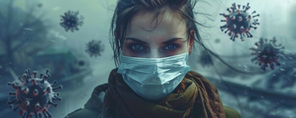 Young woman wearing protection mask, dangerous virus flying around her. Period of infectious seasonal viral diseases, global coronavirus pandemic. Virus outbreak prevention and healthcare concept