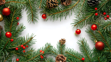 Fototapeta na wymiar Festive Christmas Background with Pine Branches and Decorations