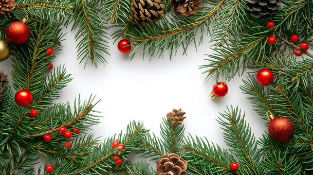 Festive Christmas Background with Pine Branches and Decorations