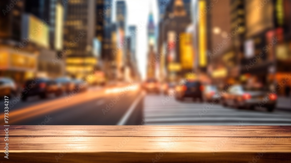 Poster the empty wooden table top with blur background of nyc street. exuberant image. generative ai