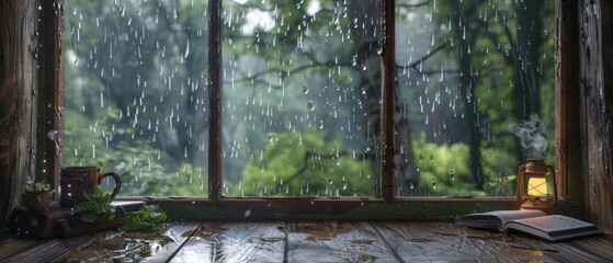 A rustic window offers a view of a rain-soaked world, accompanied by a warm beverage and a sense of peaceful solitude. - obrazy, fototapety, plakaty