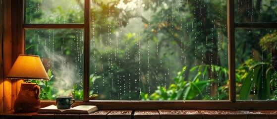 A rustic window offers a view of a rain-soaked world, accompanied by a warm beverage and a sense of peaceful solitude. - obrazy, fototapety, plakaty