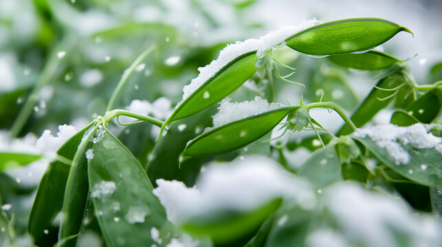 Zbliżenie na zielone strączki groszku pokryte śniegiem