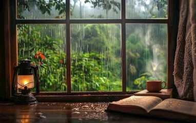 Rain traces paths down a window overlooking a vibrant garden, as a cup of tea and lantern provide solace in the solitude. - obrazy, fototapety, plakaty