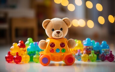 A cute teddy bear sits atop a toy car, ready to go on a playful adventure