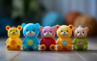 A group of small teddy bears is seated on a wooden floor, creating an adorable and charming scene