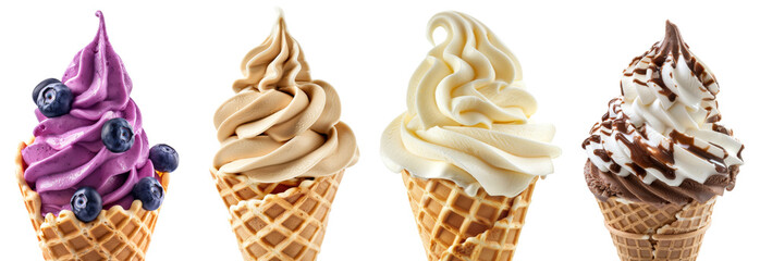Soft serve vanilla and blueberry Yoghurt Ice cream swirl on waffle cone on transparent background cutout, PNG file.  Mockup template for artwork design.