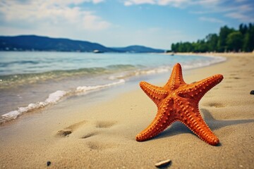 Fototapeta na wymiar Sea star on a tropical sand beach, copyspace for text. Concept of summer relaxation