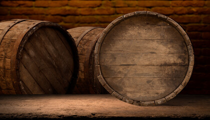 Two wooden barrels, made from hardwood sourced from the forest, sit on a table in front of a brick wall. The natural material showcases tints and shades of brown, enhancing the winery vibe - 773334621