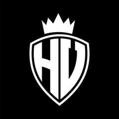 HV Letter monogram shield and crown outline shape with black and white color design