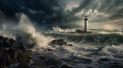 
Against theazure expanse, alighthouse stands sentinel. Its beacon warns of therising waters, a...