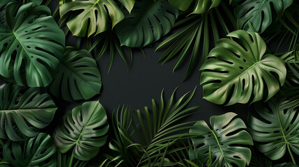 green palm and monstera leaves on black background