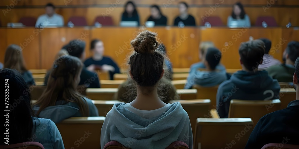 Poster students in a university lecture hall listening attentively during a conference presentation. concep