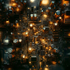 Symmetrical Vision of a Glowing Circuit Board in the Dark