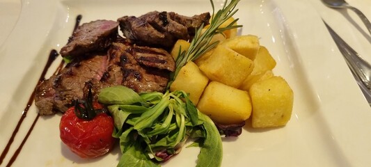 Elegant plated meal featuring succulent grilled steak, golden roasted potatoes, and a vibrant fresh salad garnish