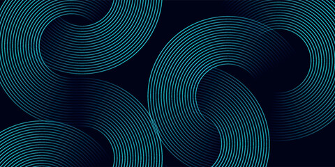 Modern dark blue abstract horizontal banner background with glowing geometric lines. Shiny blue diagonal rounded lines pattern. Futuristic concept. Suit for cover, brochure, presentation, flyer, web - obrazy, fototapety, plakaty