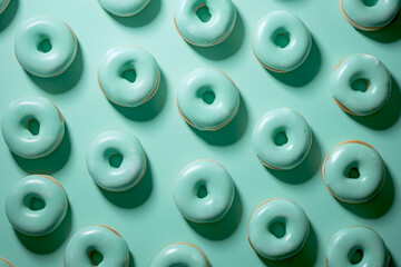 Pattern of Mint Green Iced Donuts on a Matching Background
