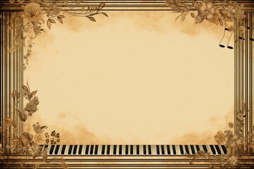 A musical theme with piano keys creating a border around the text.