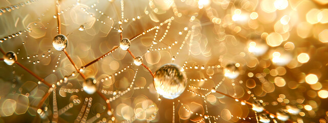 Golden Dewdrops on Spiderweb - obrazy, fototapety, plakaty