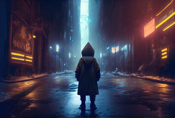 Back view of lost child was standing in the middle of a street with hoodie costume in the cyberpunk dark city background. People and lifestyles concept. Digital art illustration. Generative AI - obrazy, fototapety, plakaty