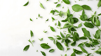 Fresh Green Leaves Scattered on a White Background