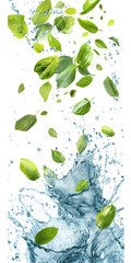 Refreshing Water Splash with Green Maple Leaves and Water Droplets