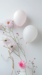 Obraz na płótnie Canvas Elegant Pink Alstroemeria Flowers and Balloons on White Background