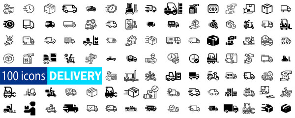 Set of 100 delivery icons isolated on white background. Big set Icons collection in trendy, delivery icons set,marketing, Shipping symbol, ecommerce, social media, Content, warehouse, transportation