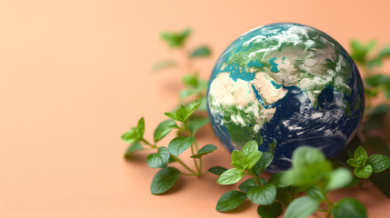 Green Leaves Emerging from a Globe on Pastel Background Concept of Environmental Conservation
