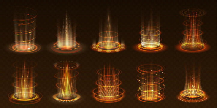 Golden level up energy flashes realistic vector illustration set. Teleportation portals power 3d elements on transparent background. Fantasy template