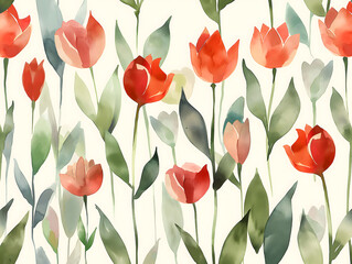 Obraz premium Vibrant Watercolor Illustration of Red Tulips with Green Leaves