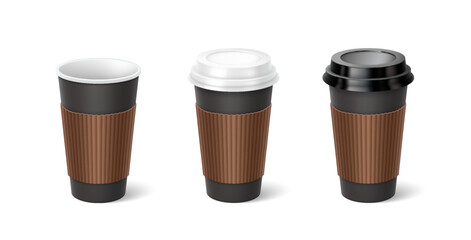 Hot coffee cups with sleeves 3d realistic vector illustration set. Disposal mugs with plastic lids design. Take away drinks on white background