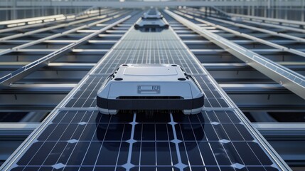 Robot on solarpowered railway, line of infrastructure and urban technology