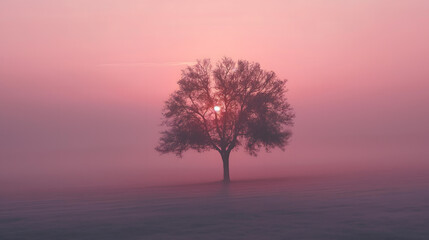 Fototapeta na wymiar Tranquil Sunrise Landscape with Lone Tree and Misty Fields