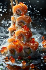 japanese sushi with chopsticks on black background, dynamic and action-packed scenes. Generative AI