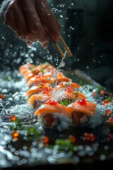 japanese sushi with chopsticks on black background, dynamic and action-packed scenes. Generative AI