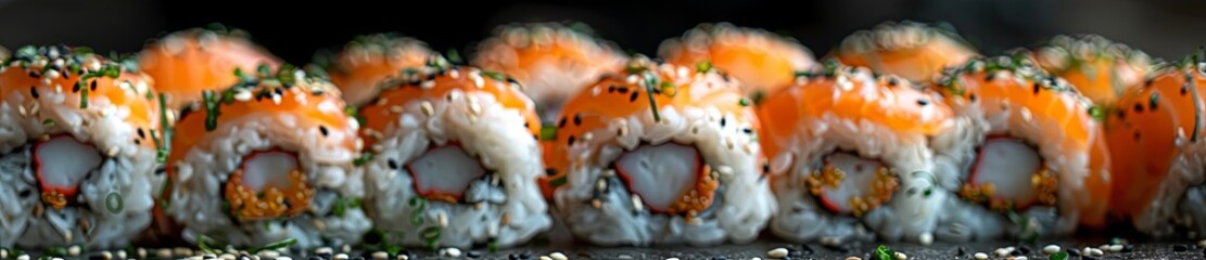 many sushi rolls are arranged in groups, in the style of dark white and emerald, detailed, layered compositions, light pink and dark beige. Generative AI