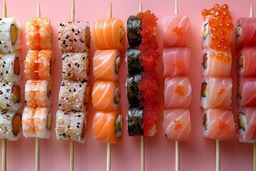 several groups of different kinds of sushi on sticks, one on each side, in the style of light red and light magenta, minimalist color fields. Generative AI