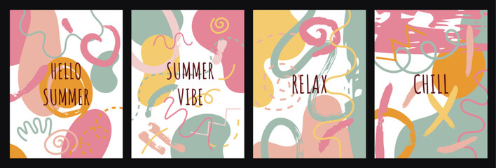 A set of abstract backgrounds posters on a summer theme.
Bright abstractions with inscriptions on the theme of summer, summer vibe.