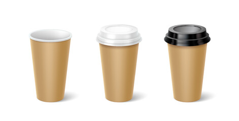 Mockup paper cups with lids 3d realistic vector illustration set. Tea and coffee mugs design template. Take away drinks on white background