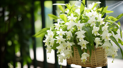 Fototapeta na wymiar flowers in a basket, Dendrobium orchids bask in sunlight, their delicate blooms vibrant against the green foliage. The camera captures their elegance, a perfectFather's Day gift. 