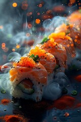 some sushi and chopsticks in space on dark background, dynamic action, photo-realistic hyperbole. Generative AI