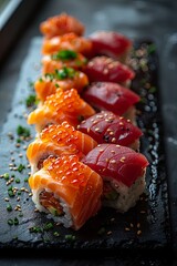 sushi and japanese sushi served on table, in the style of dark gray and black. Generative AI