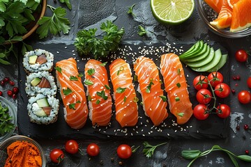 sushi and vegetables on a black board, in the style of light red and dark emerald, aerial photography, vintage atmosphere. Generative AI