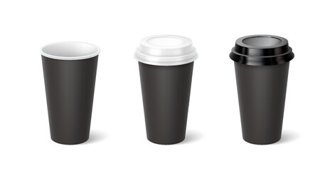 Black mockup cups 3d realistic vector illustration set. Hot drinks containers design template. Take away coffee on white background