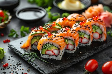sushi and vegetables on a black board, in the style of light red and dark emerald, aerial photography, vintage atmosphere. Generative AI