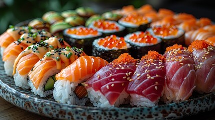 sushi arranged on the plate with a black background, in the style of light red and teal. Generative AI