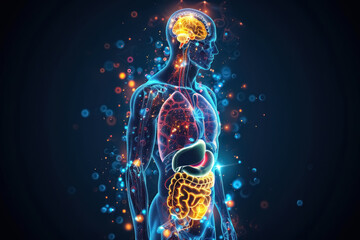 human anatomy with glowing organs showcasing brain, heart, liver, and intestines on dark background